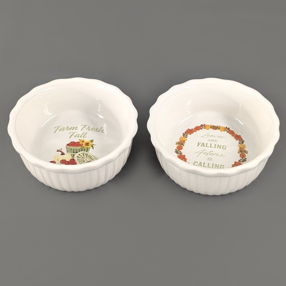 Royal Norfolk Stoneware Fall Ramekin Set 2 White 5in Autumn Harvest Bowls